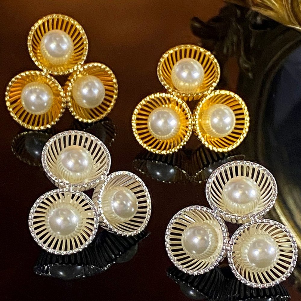 Bird Cage Three Pearl Earrings Gold and Silver